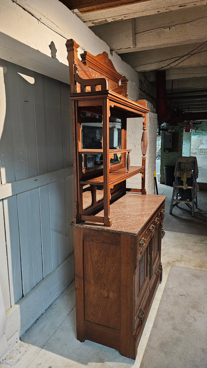 Carved Wood Sideboard with Hutch and Stone Top