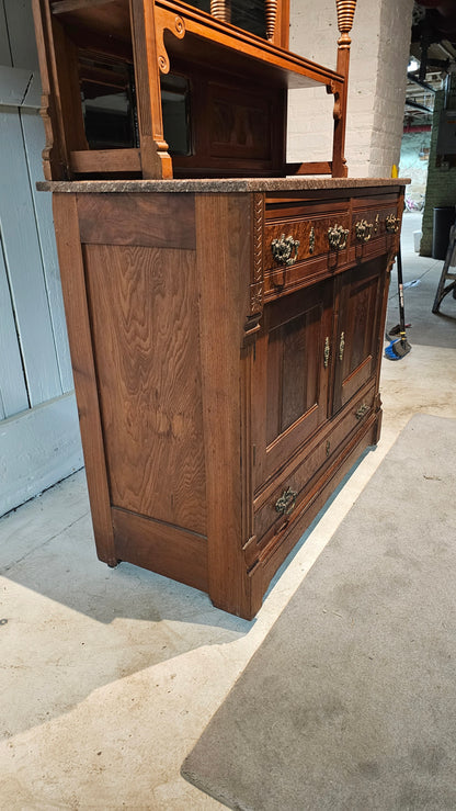 Carved Wood Sideboard with Hutch and Stone Top