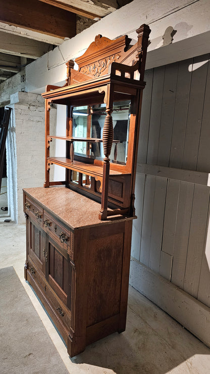 Carved Wood Sideboard with Hutch and Stone Top