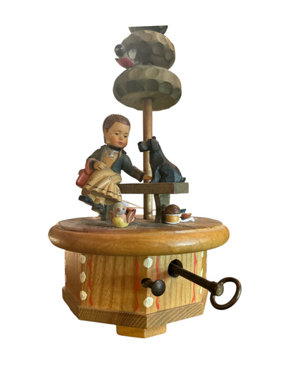 Hand-Carved Wooden Music Box, Girl, Dog & Bird Scene