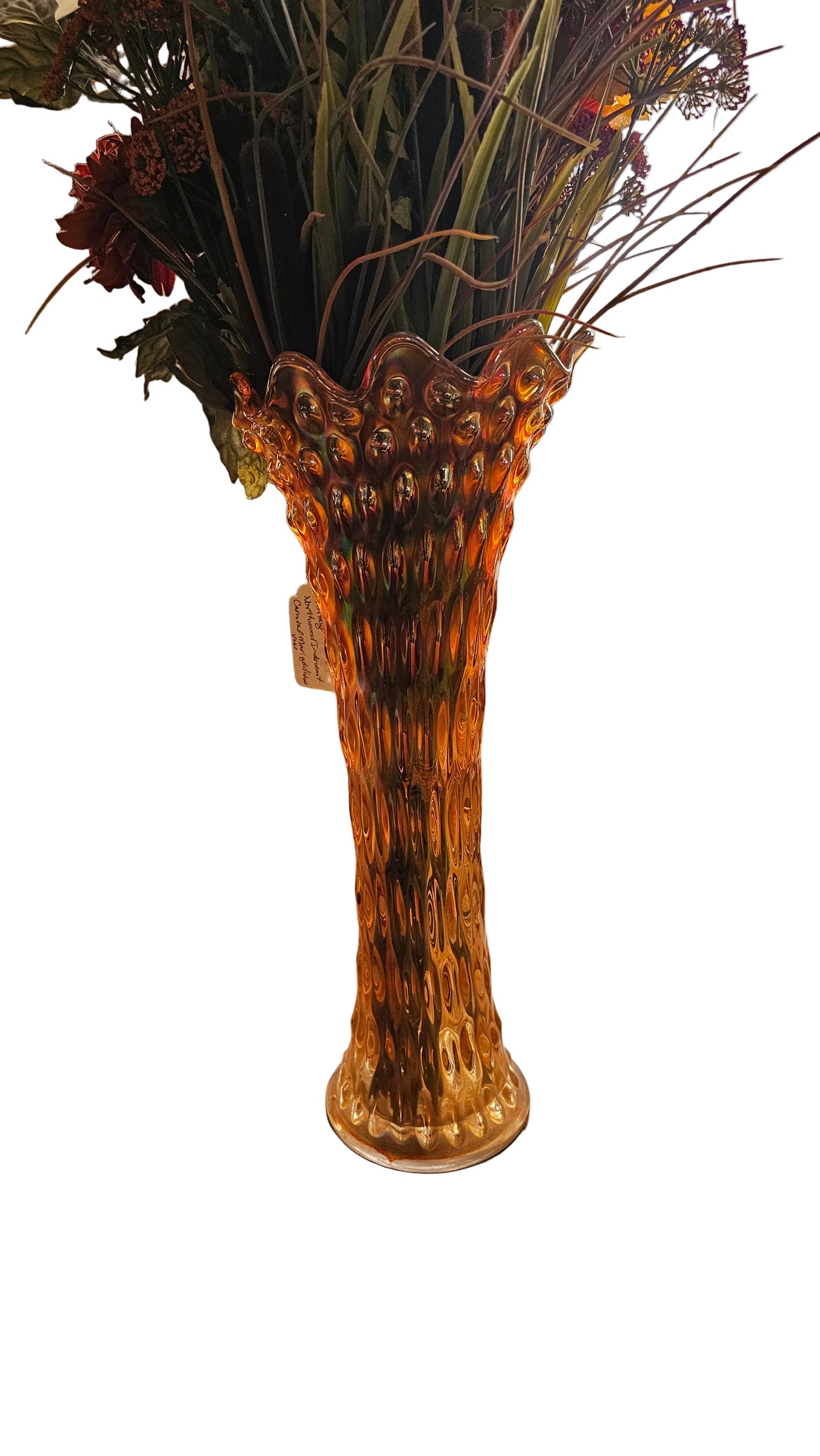 Amber Carnival Glass Vase – Textured “Moon & Thumbprint” Style – Statement Art Glass Centerpiece