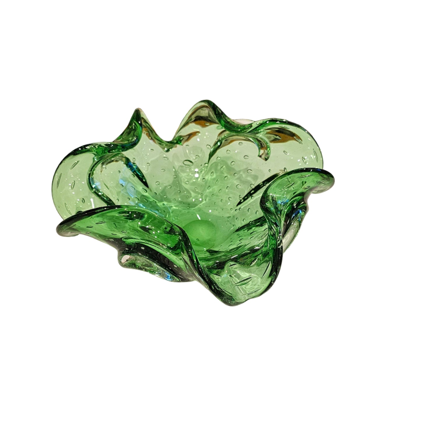 Green Ruffled Controlled-Bubble Art Glass Ashtray