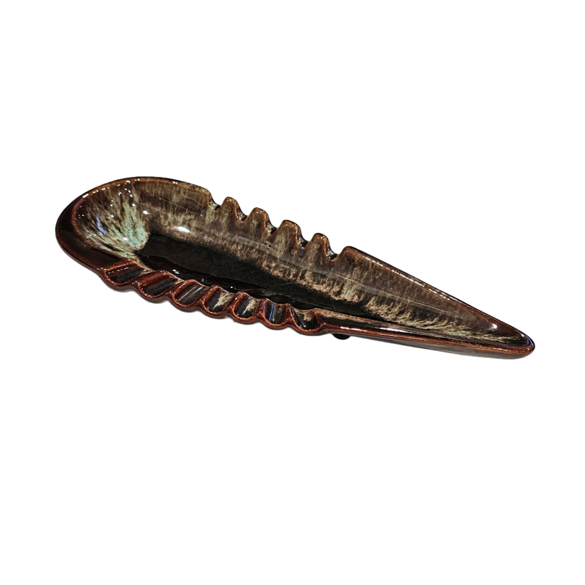 1960s Drip-Glaze Art Pottery Leaf Dish