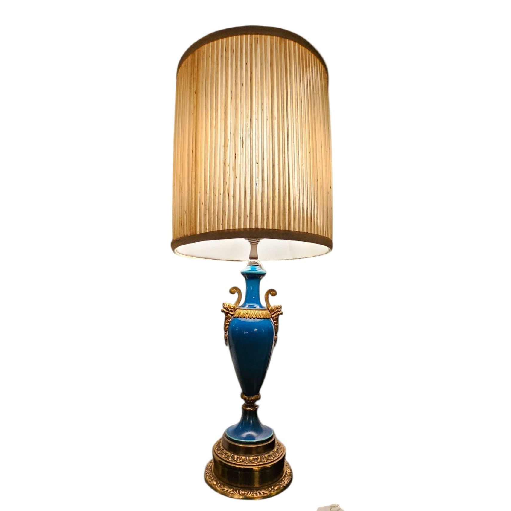 Asian Bronze Lamp with Silk Drum Shade