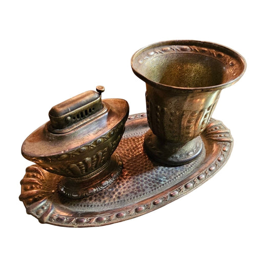 Brass Table Lighter and Ashtray Set on Ornate Tray – Mid-Century Smoking Collectible