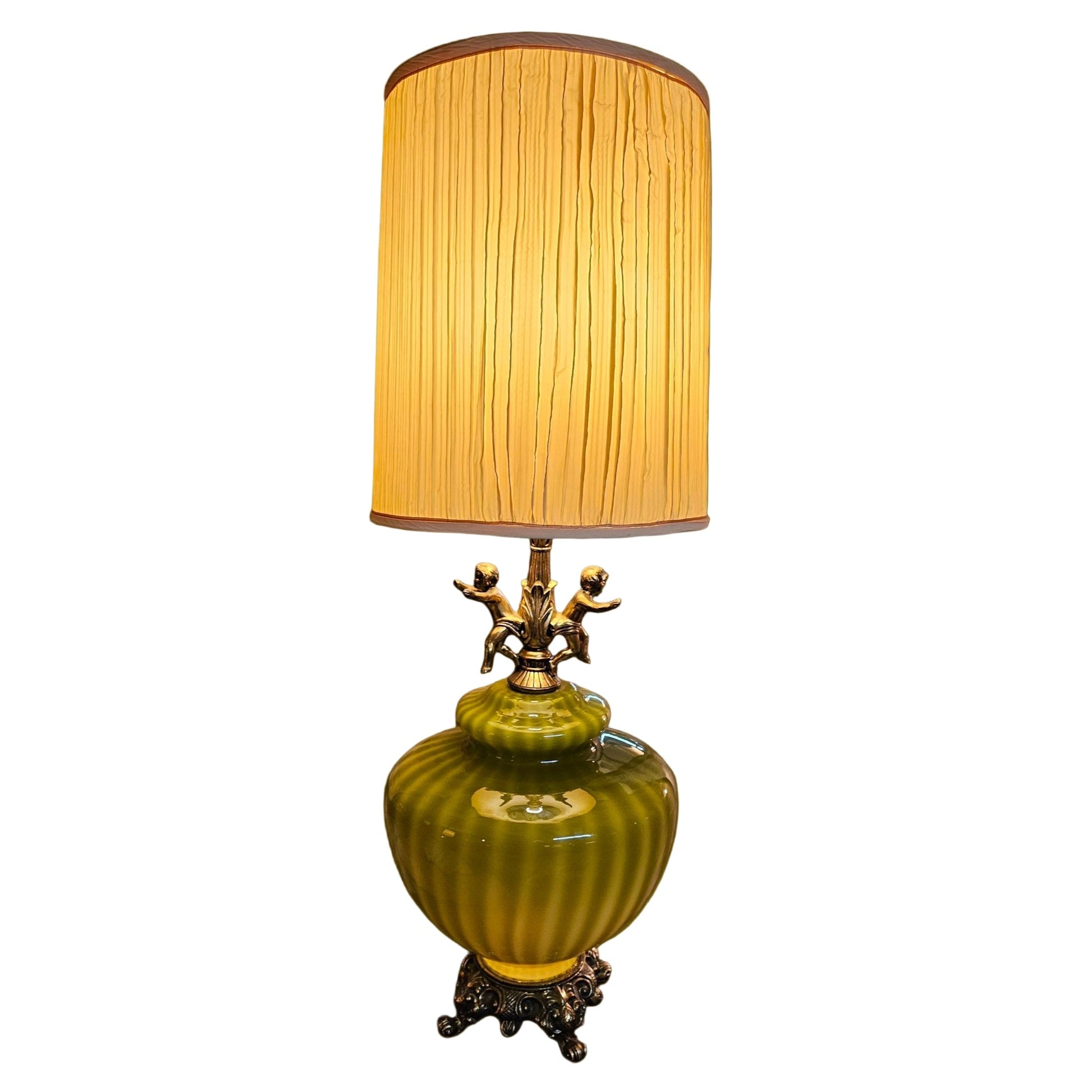 Hollywood Regency Chartreuse Glass Table Lamp with Cherub Detail – Set of 2