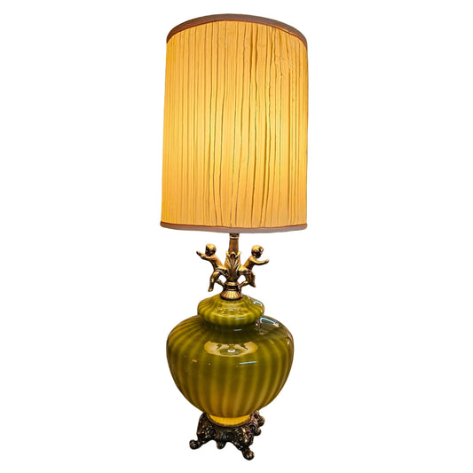 Hollywood Regency Chartreuse Glass Table Lamp with Cherub Detail – Set of 2