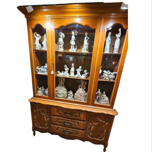 French Provincial China Display Cabinet – Curved Glass Hutch with Carved Details