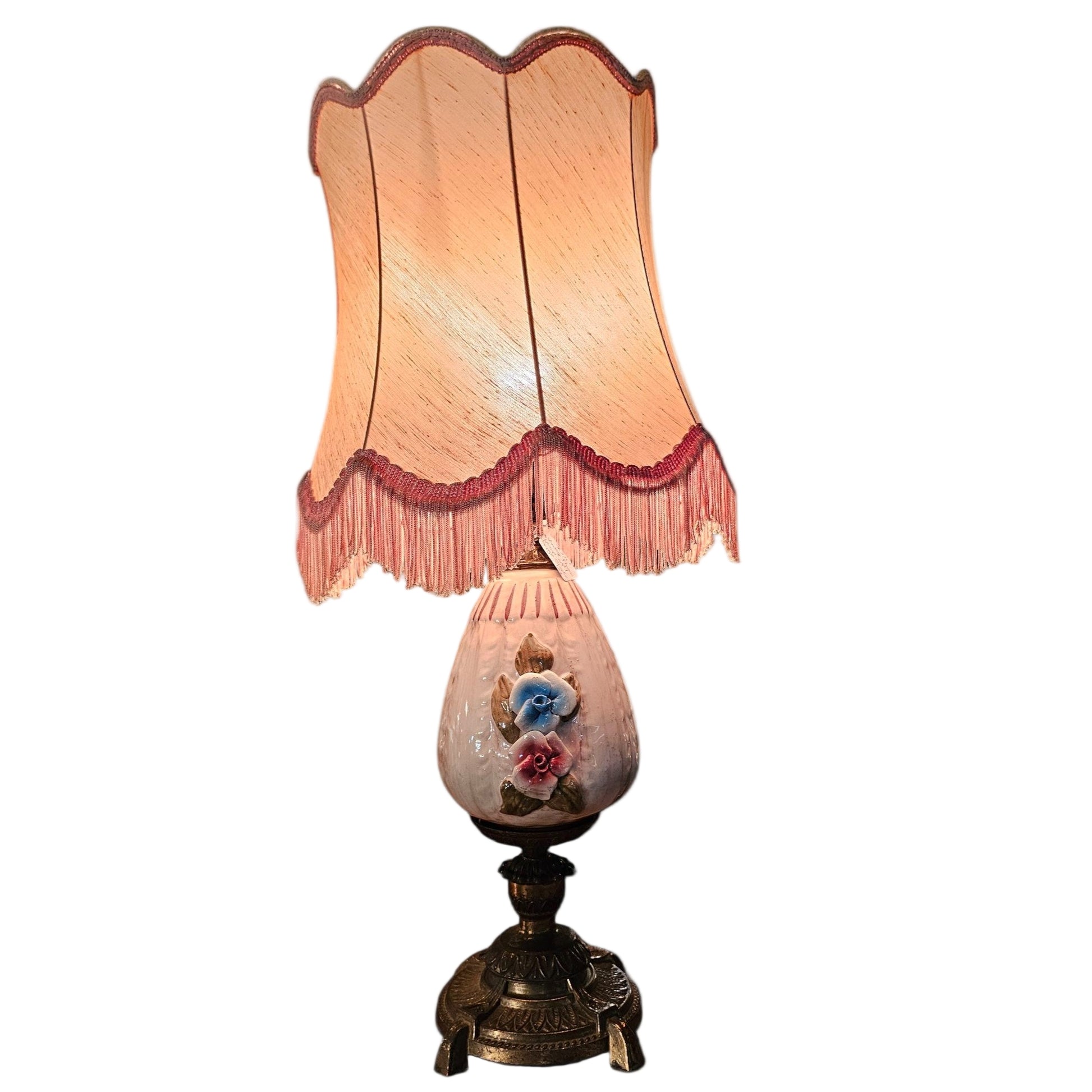 Floral Lamp with Pink Fringe Shade
