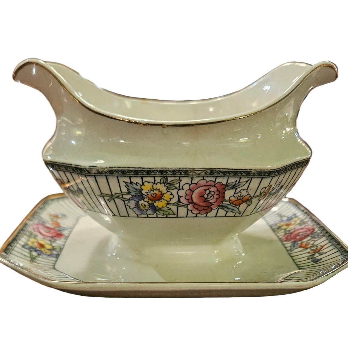 Floral Transferware with Peonies & Gold Trim