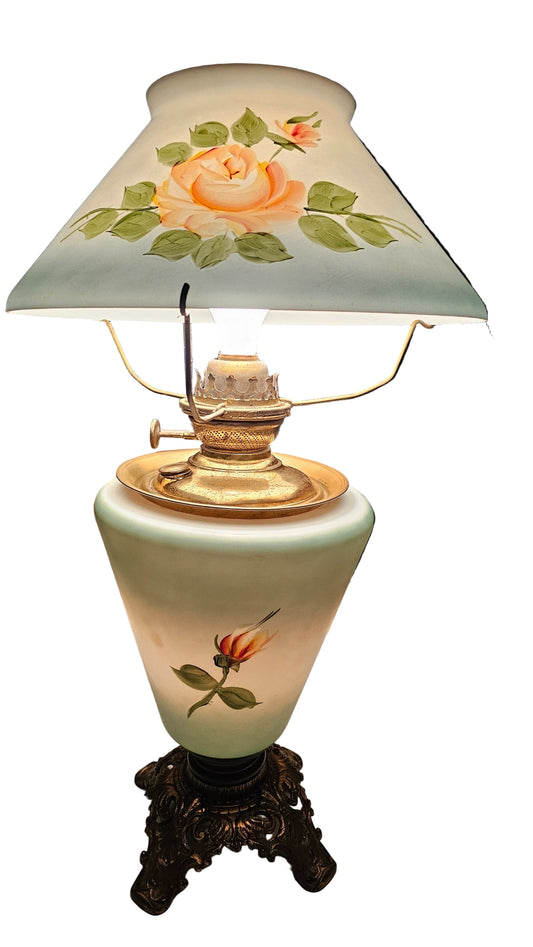 Hand-Painted Rose Hurricane Lamp – Frosted Green Glass with Ornate Brass Base
