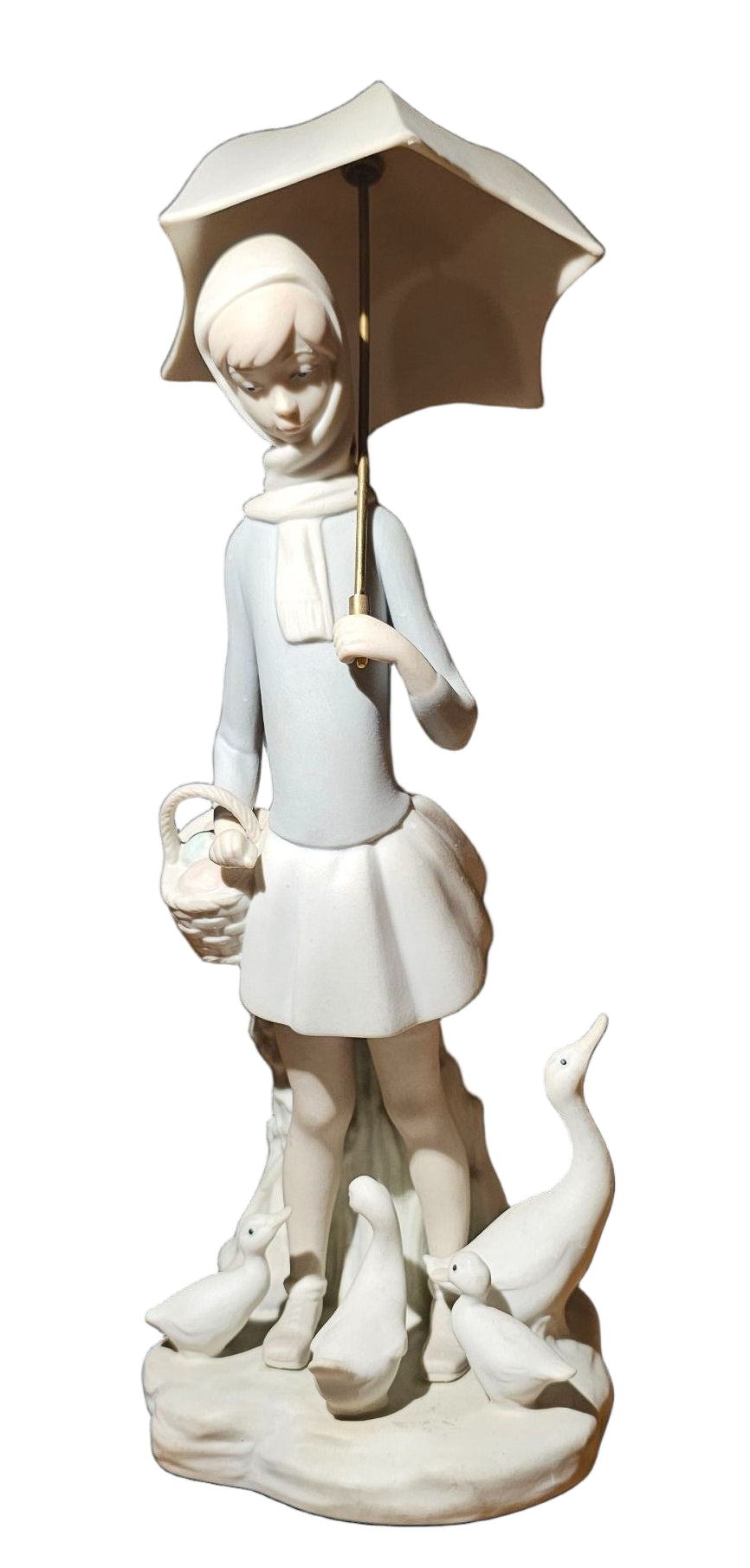 Lladro Porcelain “Girl with Umbrella and Ducks” Figurine – Matte Finish, Spain