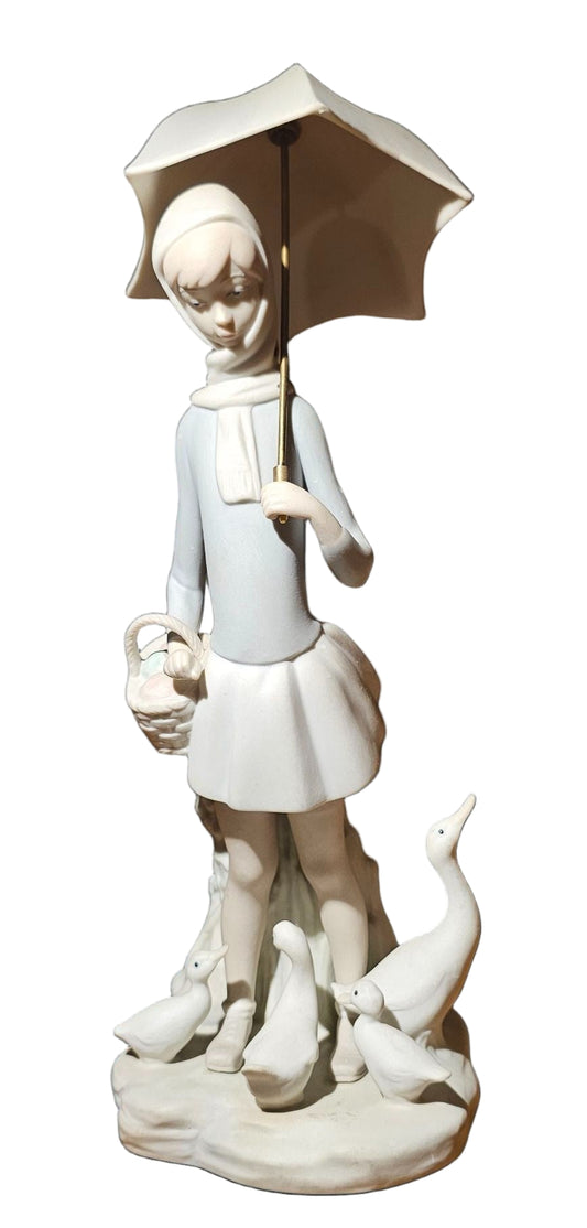 Lladro Porcelain “Girl with Umbrella and Ducks” Figurine – Matte Finish, Spain