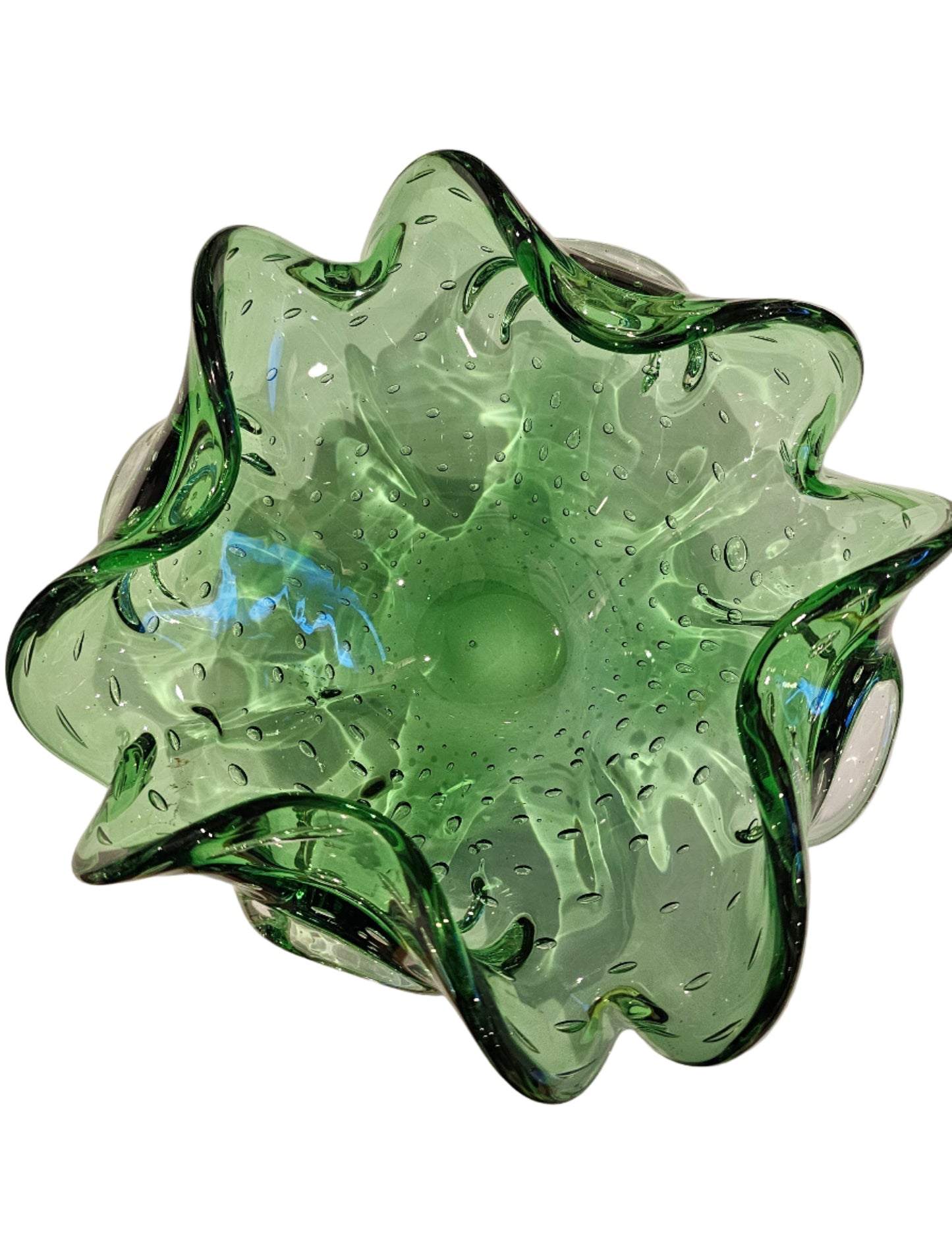 Green Ruffled Controlled-Bubble Art Glass Ashtray