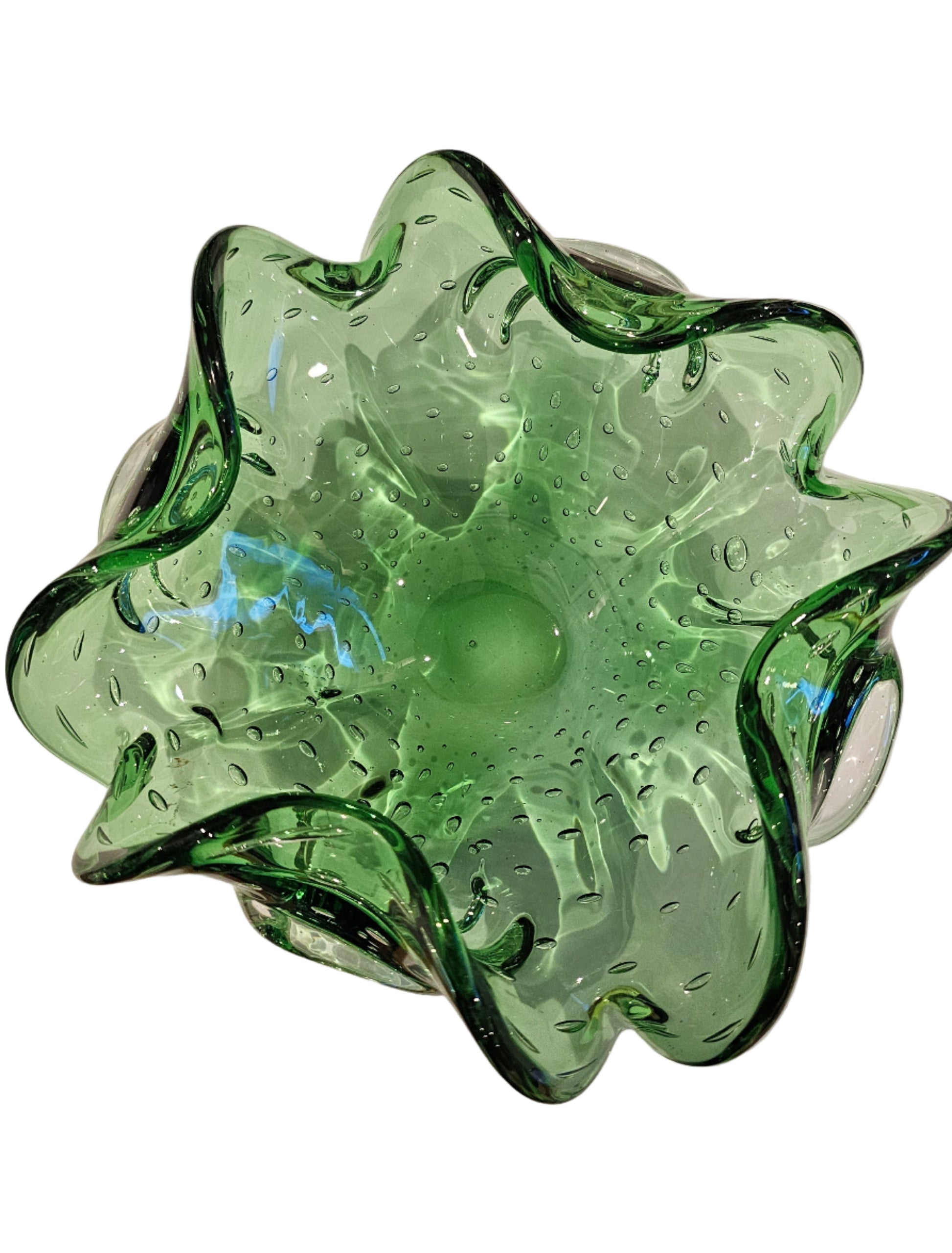 Green Ruffled Controlled-Bubble Art Glass Ashtray