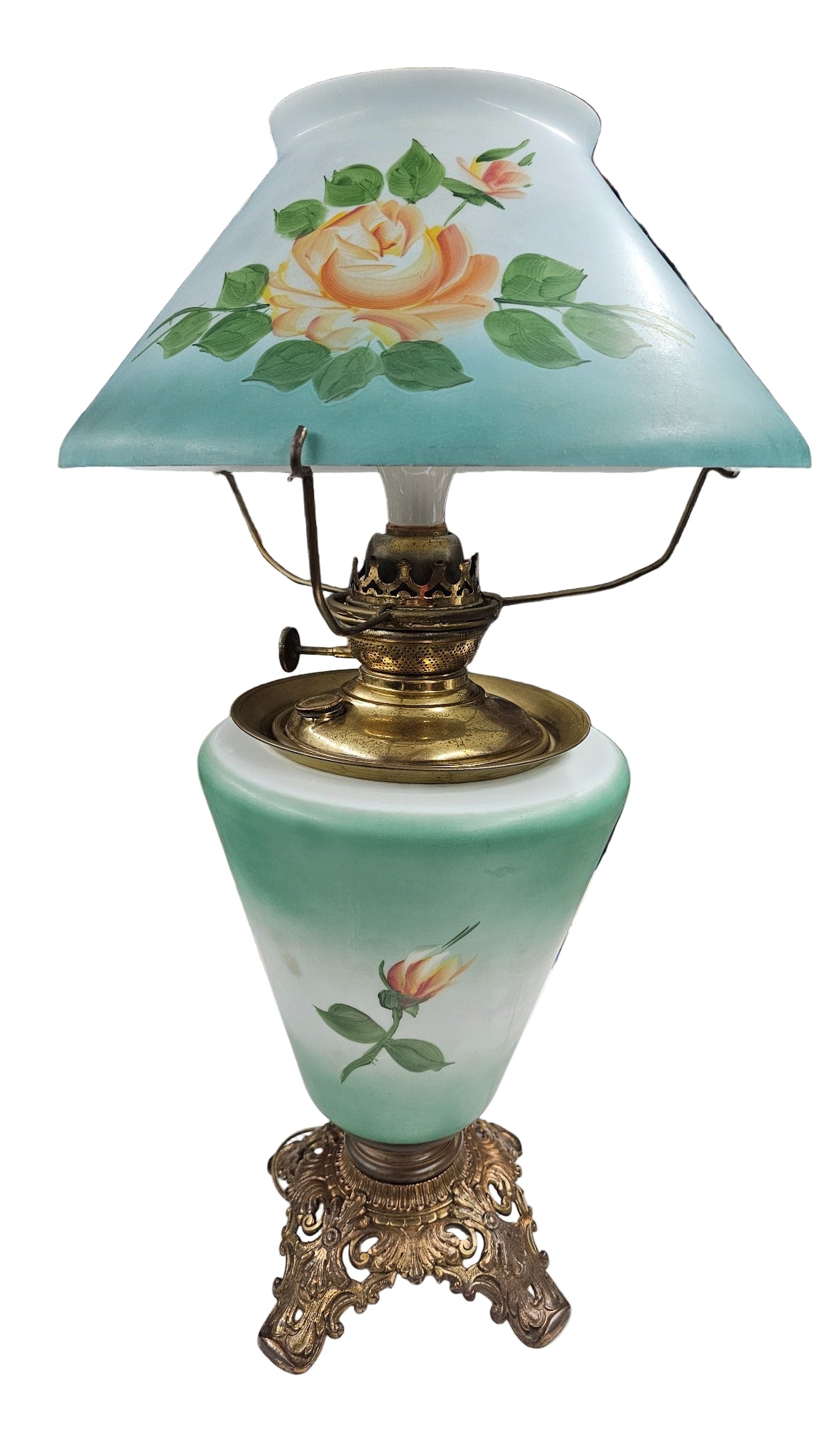 Hand-Painted Rose Hurricane Lamp – Frosted Green Glass with Ornate Brass Base