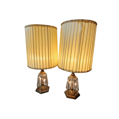 Pair of Mid-Century Hexagonal Glass Lamps with Pleated Shades