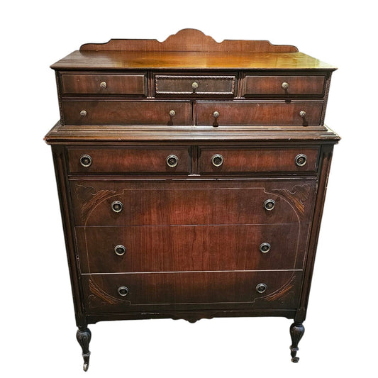 Mahogany Highboy Dresser with Ornate Detailing and Brass Hardware