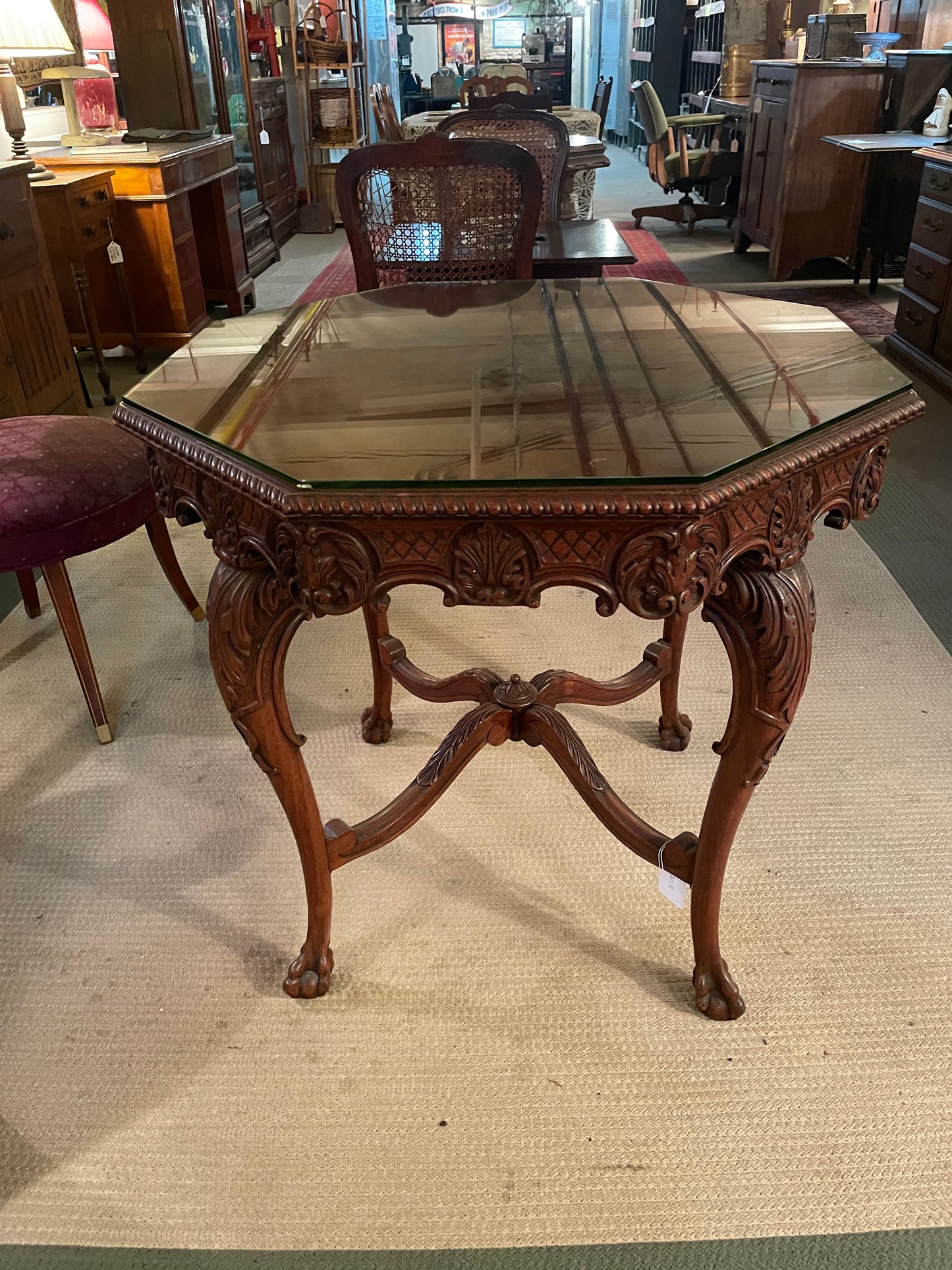 Antique French Louis XV Hand Carved Table with Glass Top