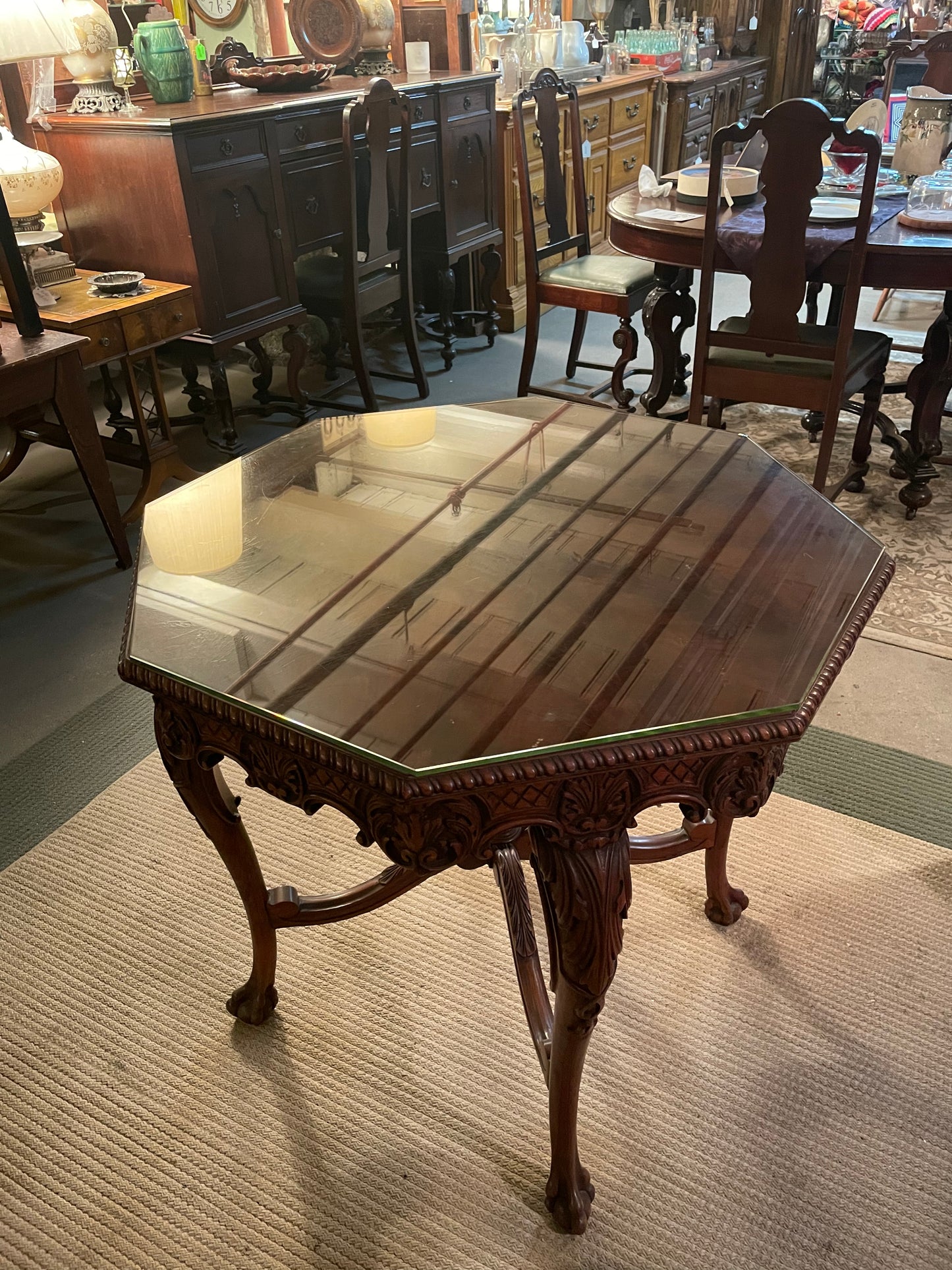 Antique French Louis XV Hand Carved Table with Glass Top