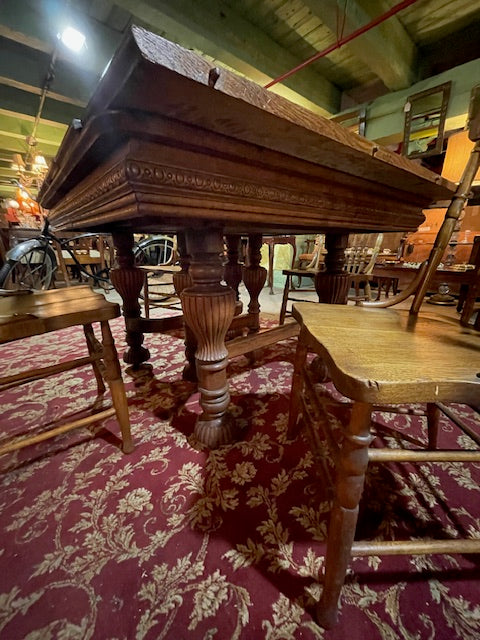 Kitchen Farm Table with Four Matching Chairs and Six Leaves-- Antique