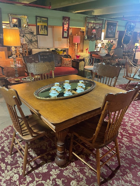 Kitchen Farm Table with Four Matching Chairs and Six Leaves-- Antique