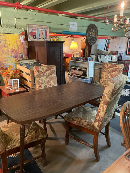 MCM Wood Veneer Kitchen Table with 4 Upholstered Foliage Print Chairs