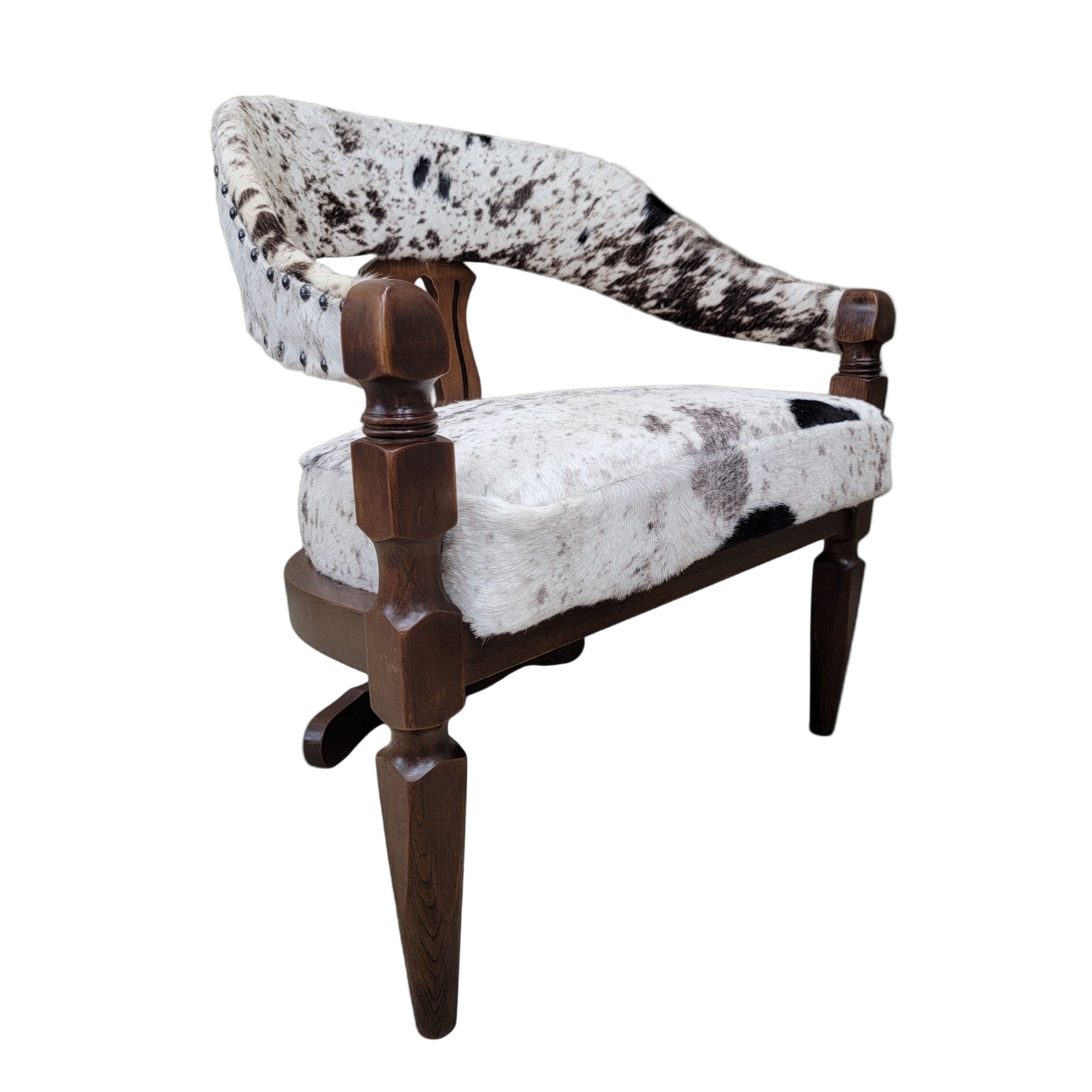 Carved Wood Curved-Back Dining Chairs – Set of 4 Three-Leg Cowhide Upholstered Chairs
