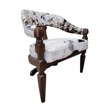 Carved Wood Curved-Back Dining Chairs – Set of 4 Three-Leg Cowhide Upholstered Chairs