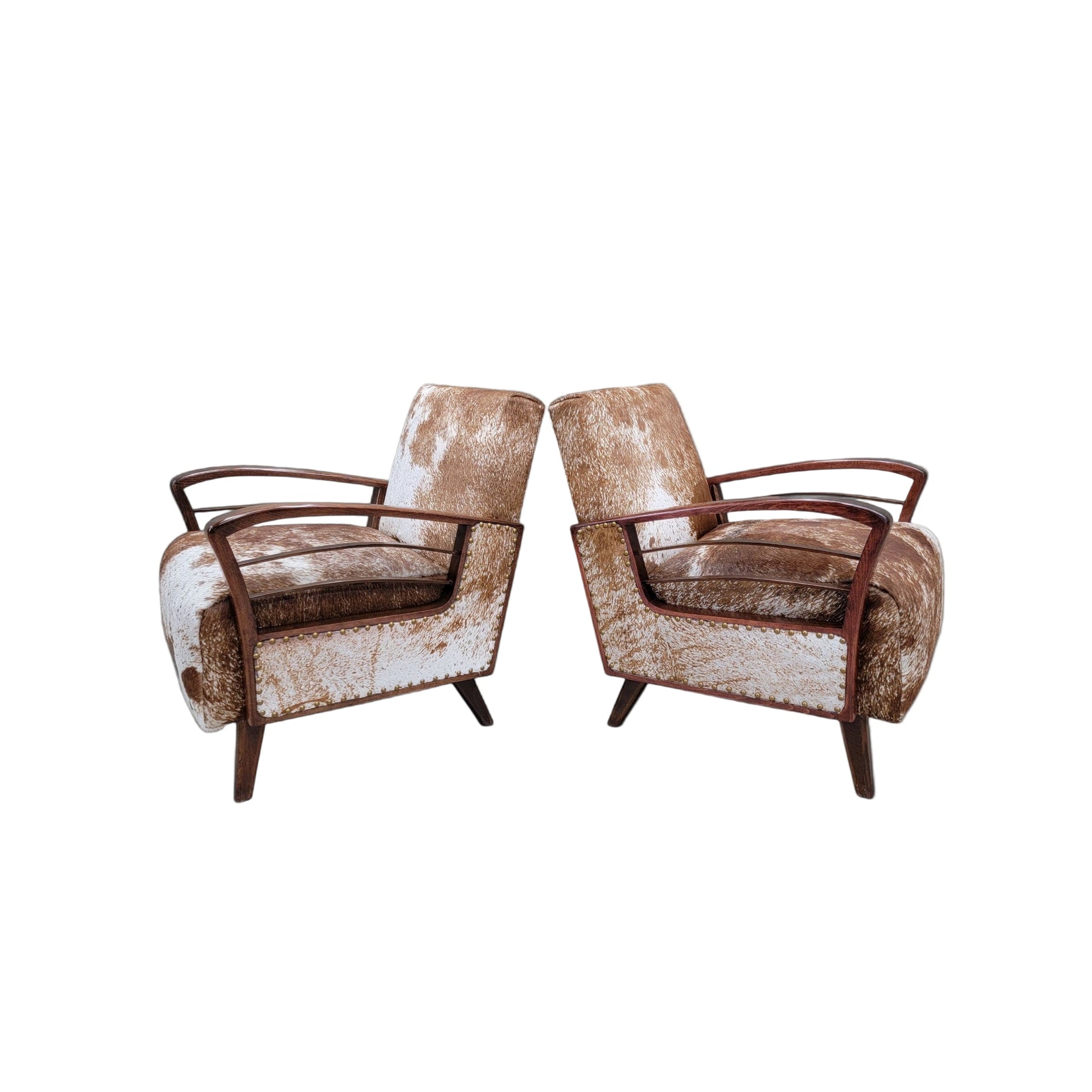 French Art Deco Lounge Chairs – Pair of Wood Armchairs Newly Upholstered in Cowhide