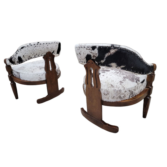 Carved Wood Curved-Back Dining Chairs – Set of 4 Three-Leg Cowhide Upholstered Chairs