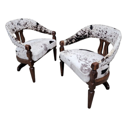 Carved Wood Curved-Back Dining Chairs – Set of 4 Three-Leg Cowhide Upholstered Chairs