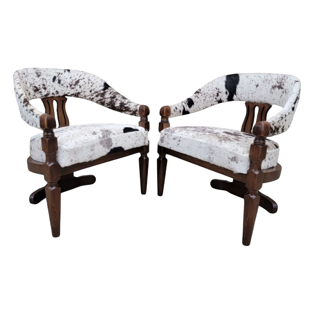 Carved Wood Curved-Back Dining Chairs – Set of 4 Three-Leg Cowhide Upholstered Chairs