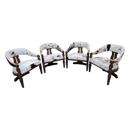 Carved Wood Curved-Back Dining Chairs – Set of 4 Three-Leg Cowhide Upholstered Chairs
