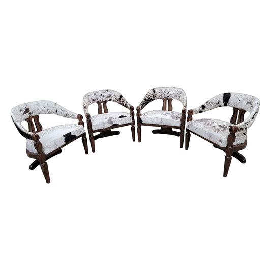 Carved Wood Curved-Back Dining Chairs – Set of 4 Three-Leg Cowhide Upholstered Chairs