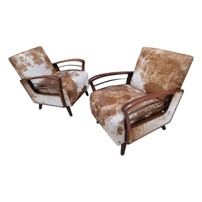 French Art Deco Lounge Chairs – Pair of Wood Armchairs Newly Upholstered in Cowhide