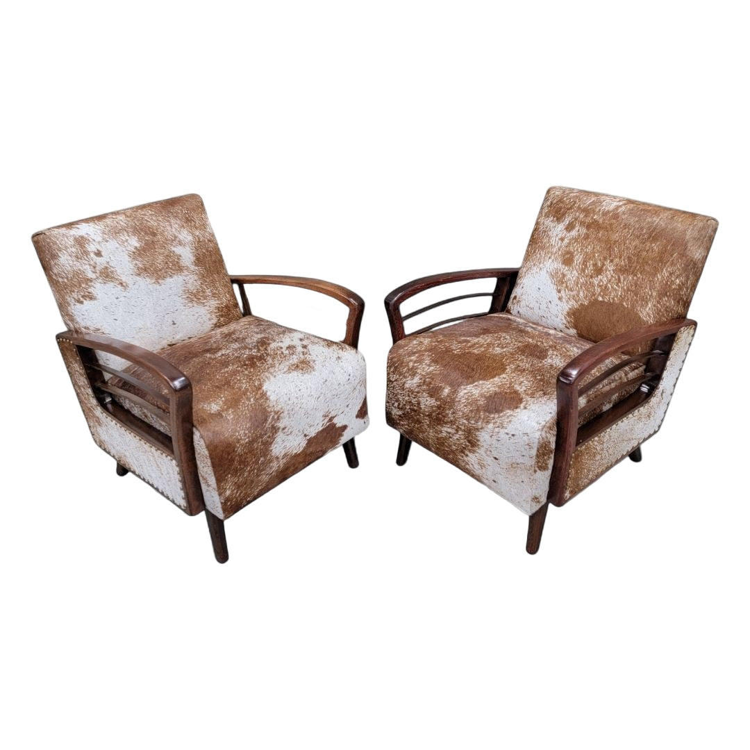 French Art Deco Lounge Chairs – Pair of Wood Armchairs Newly Upholstered in Cowhide
