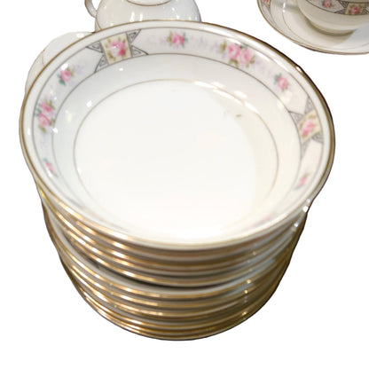Vintage Pink Rose Fine China Dinnerware Set with Gold Trim — Full Service Set