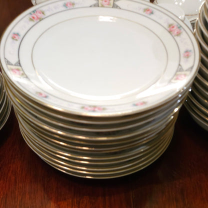 Vintage Pink Rose Fine China Dinnerware Set with Gold Trim — Full Service Set
