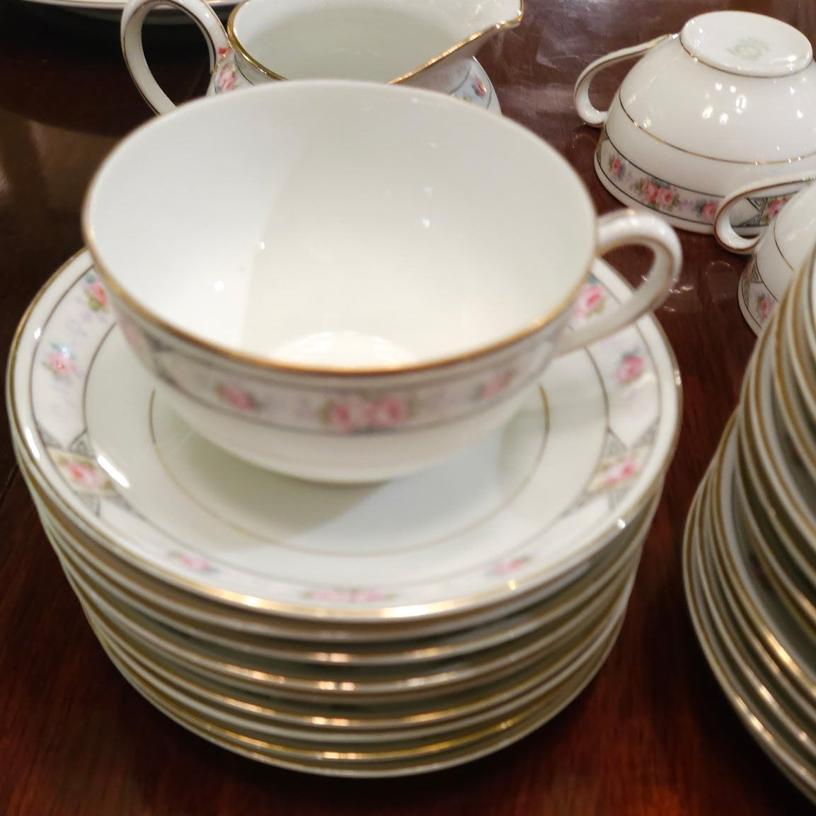Vintage Pink Rose Fine China Dinnerware Set with Gold Trim — Full Service Set