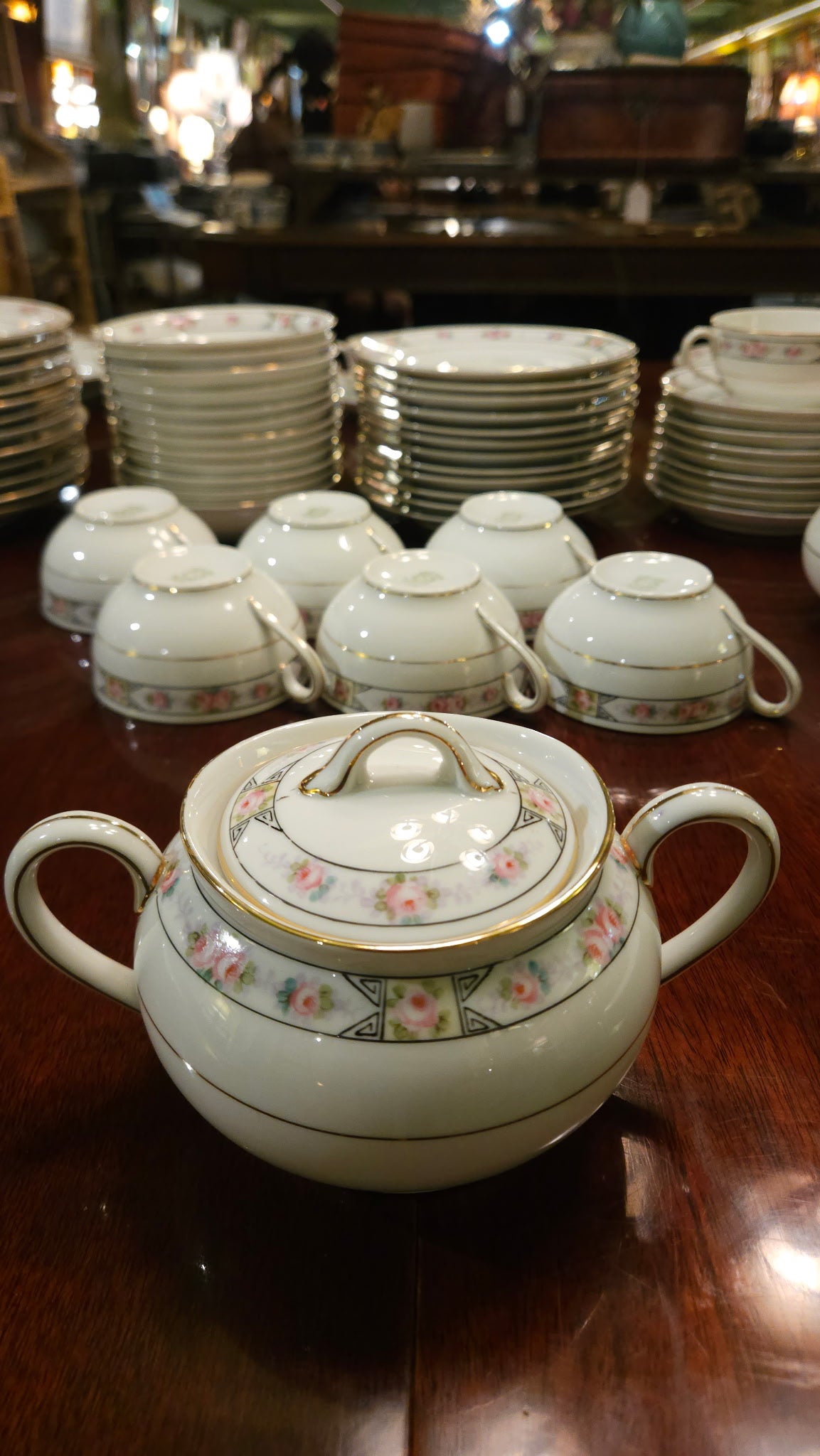 Vintage Pink Rose Fine China Dinnerware Set with Gold Trim — Full Service Set