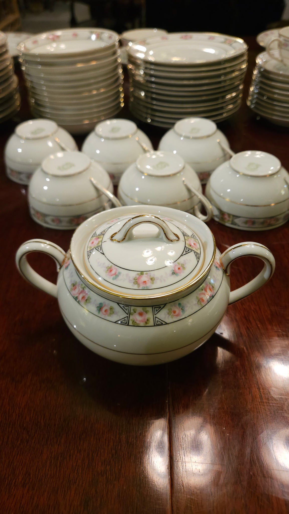 Vintage Pink Rose Fine China Dinnerware Set with Gold Trim — Full Service Set