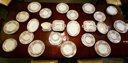 Floral China Dinnerware Set – Early 1900s Transferware with Pink Peonies & Gold Trim