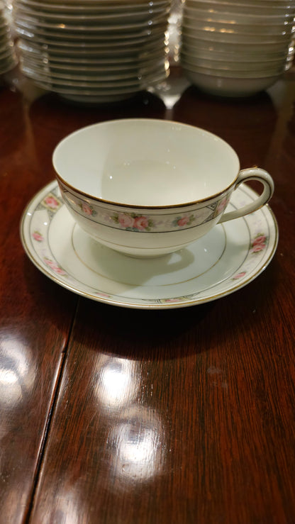 Vintage Pink Rose Fine China Dinnerware Set with Gold Trim — Full Service Set