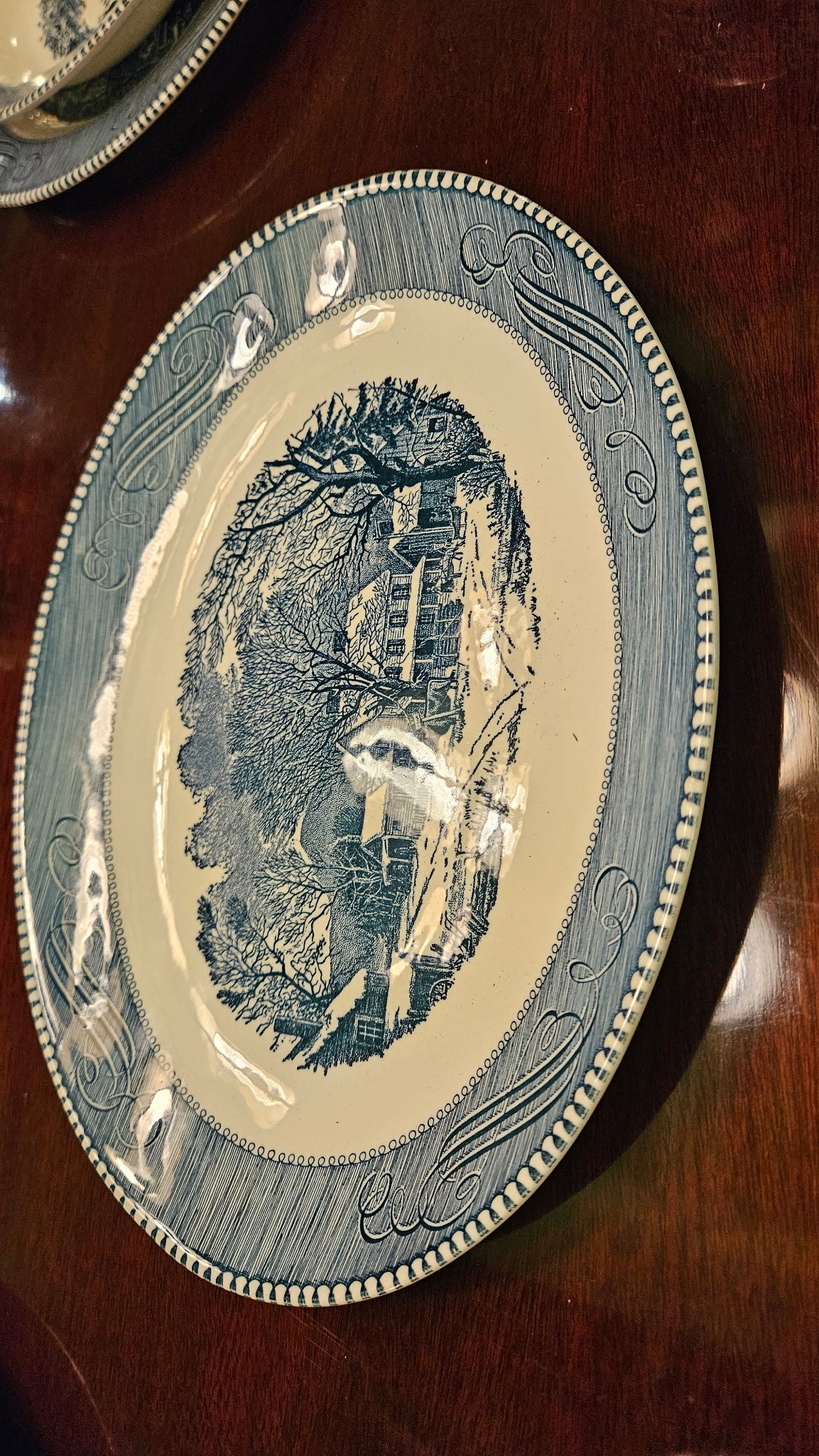 Blue & White Transferware Dinner Set | Currier & Ives–Style Winter Scene Collection