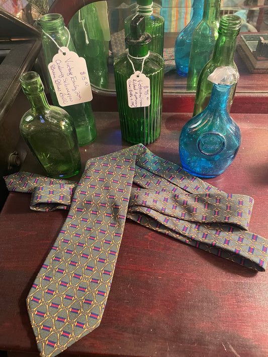 Silk Green Gucci Necktie with Equestrian Belt Logo