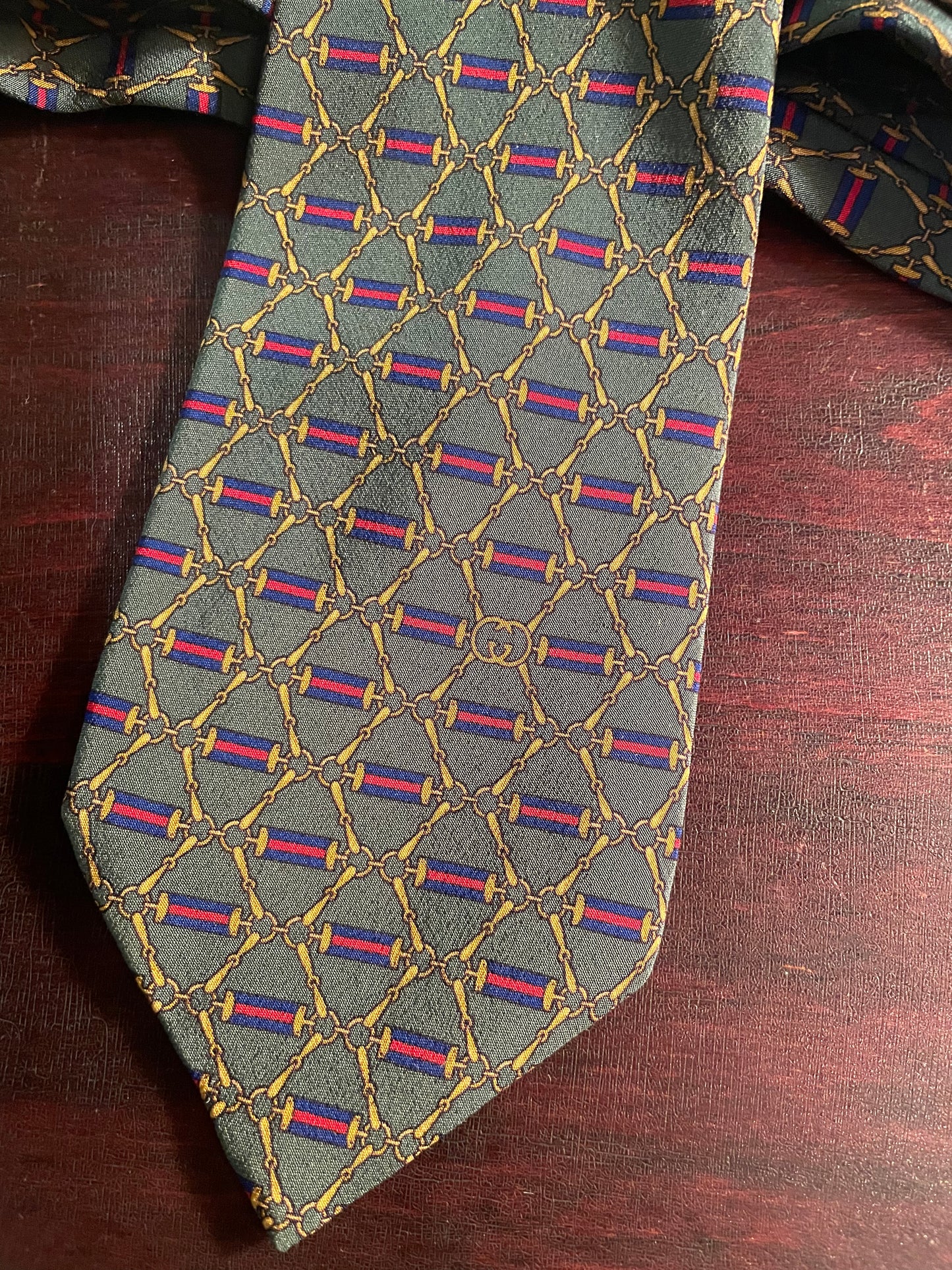 Silk Green Gucci Necktie with Equestrian Belt Logo