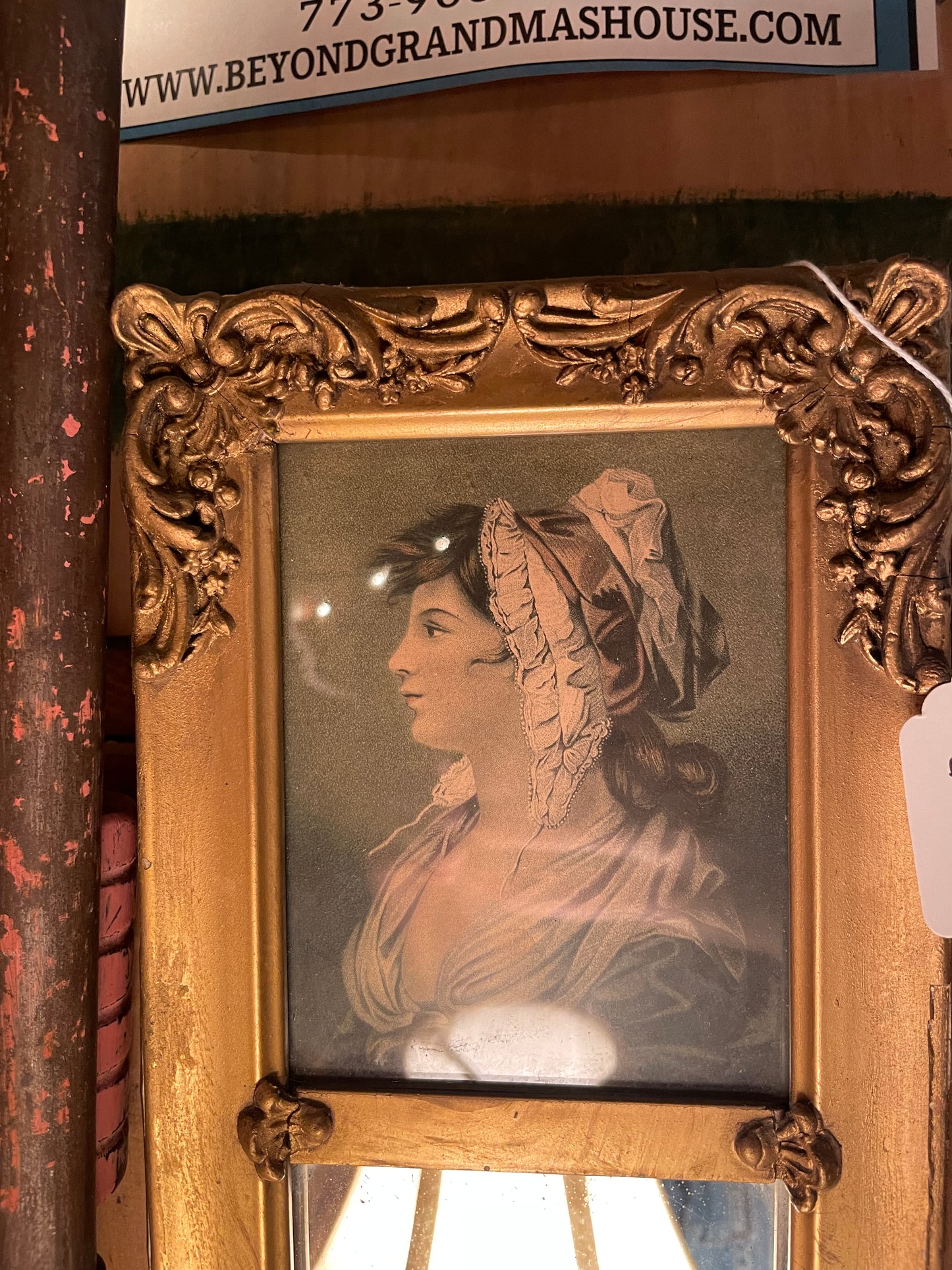 Gilded Mirror with Illustration of Victorian Woman