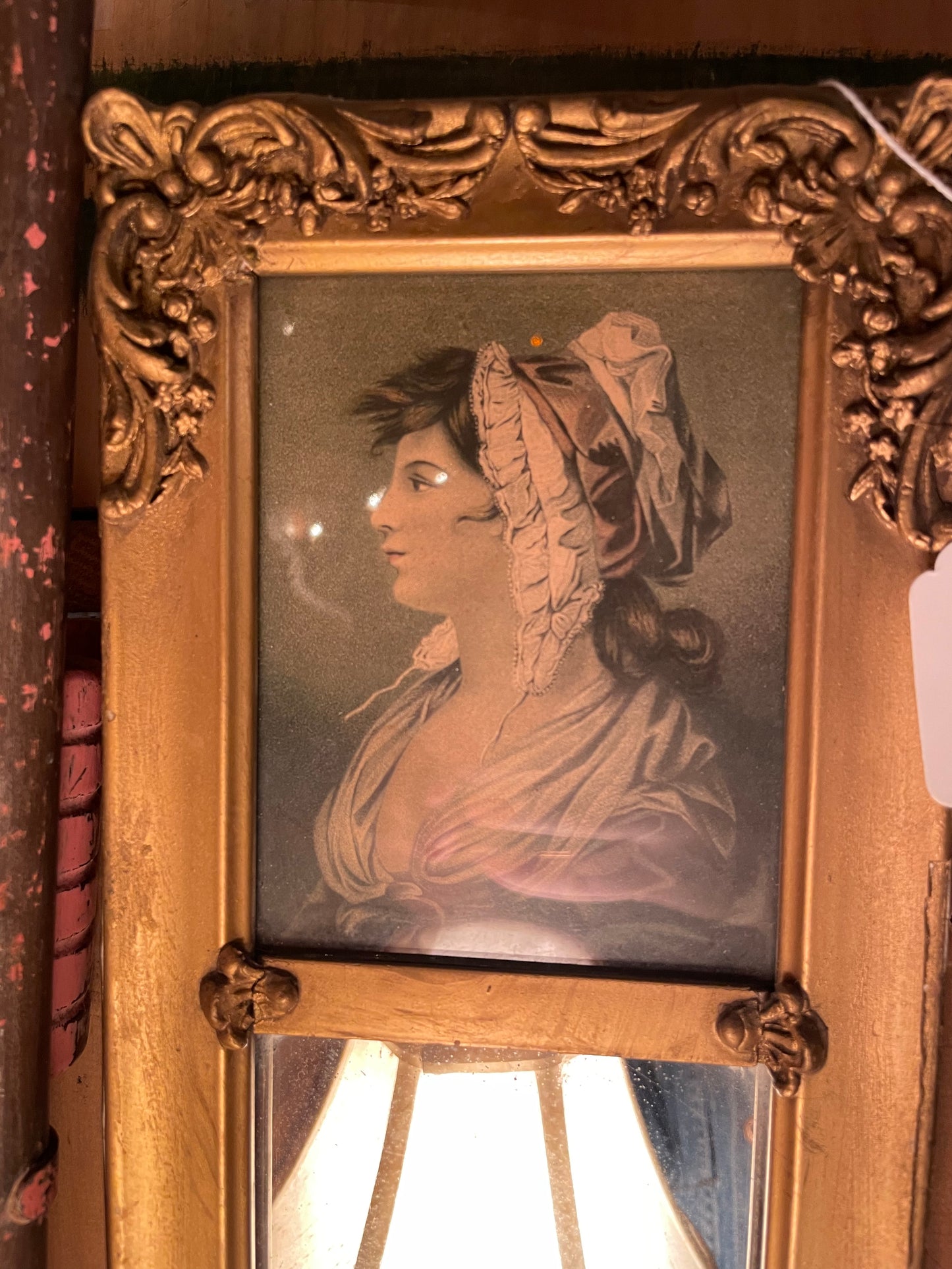 Gilded Mirror with Illustration of Victorian Woman