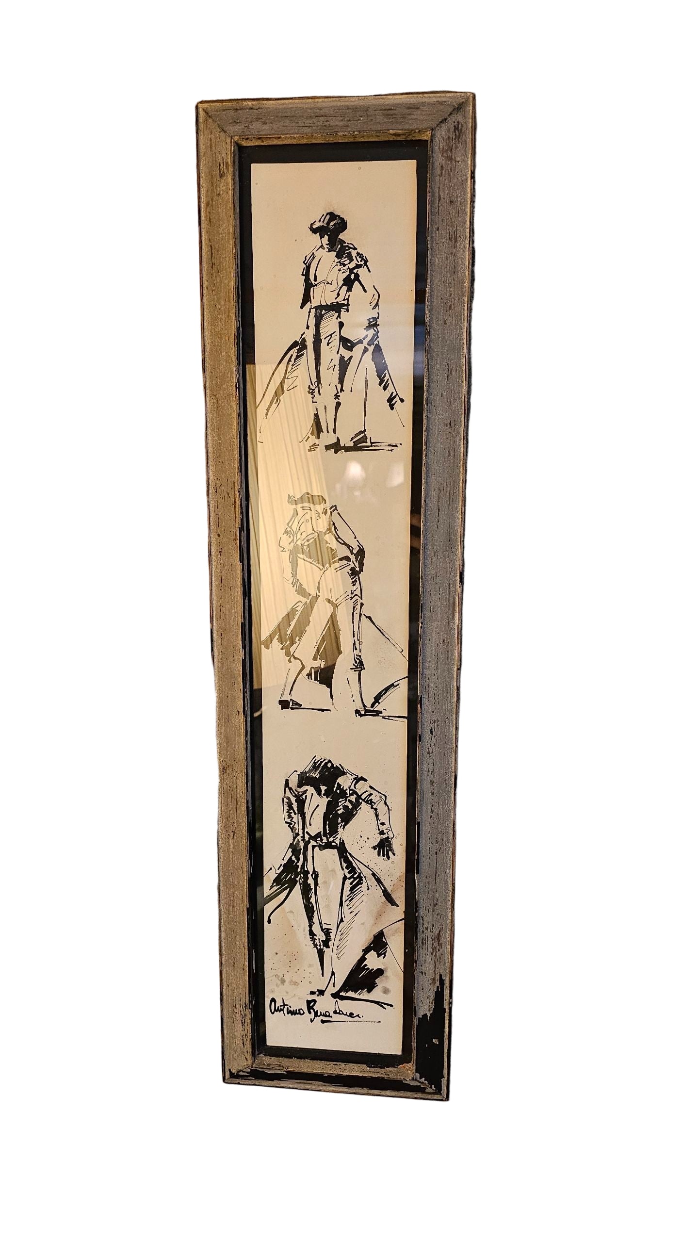 Antonio Banderas Matador Ink Drawing – Vintage Bullfighter Art in Rustic Wood Frame
